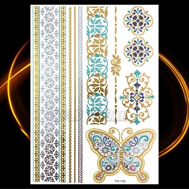 1PC Gold Chain Bracelet Tattoo Sticker Summer Style Fake Jewelry Temporary Tattoo Waterproof Gold Sliver Glitter Body Face Tattoo For Womens