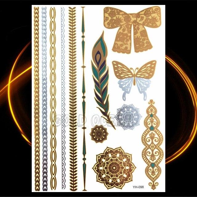 1PC Gold Chain Bracelet Tattoo Sticker Summer Style Fake Jewelry Temporary Tattoo Waterproof Gold Sliver Glitter Body Face Tattoo For Womens