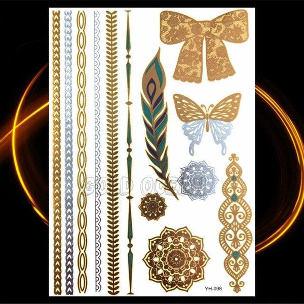 1PC Gold Chain Bracelet Tattoo Sticker Summer Style Fake Jewelry Temporary Tattoo Waterproof Gold Sliver Glitter Body Face Tattoo For Womens