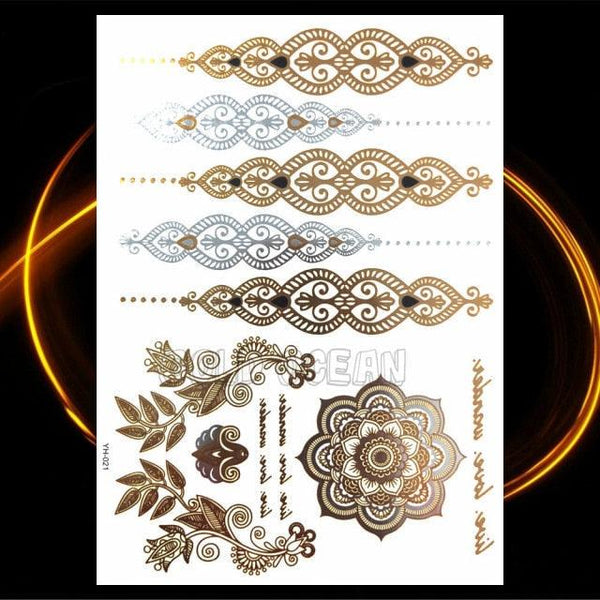 1PC Gold Chain Bracelet Tattoo Sticker Summer Style Fake Jewelry Temporary Tattoo Waterproof Gold Sliver Glitter Body Face Tattoo For Womens