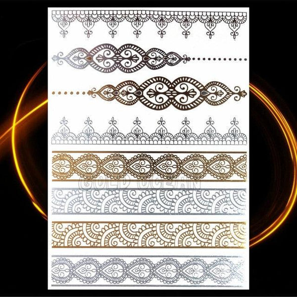 1PC Gold Chain Bracelet Tattoo Sticker Summer Style Fake Jewelry Temporary Tattoo Waterproof Gold Sliver Glitter Body Face Tattoo For Womens