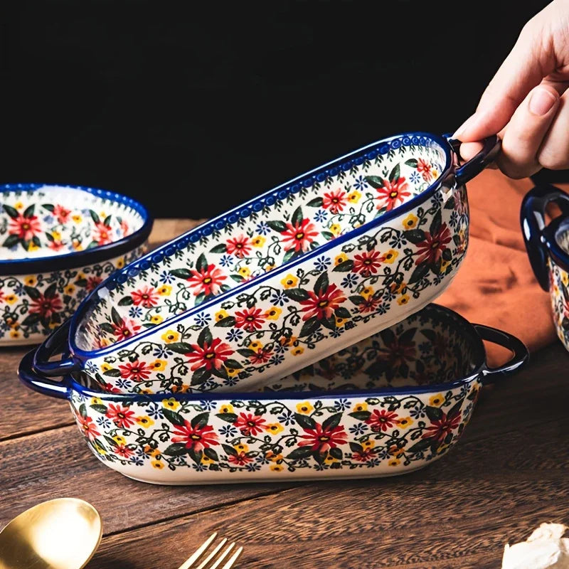 1pc Polish Ceramic Rectangular Baking Dish with Handles, Hand-Painted Embossed Floral Design, Versatile Salad/Rice/Cheese Plate for Home Kitchen