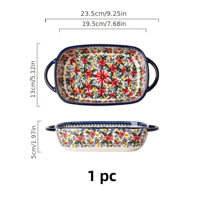 1pc Polish Ceramic Rectangular Baking Dish with Handles, Hand-Painted Embossed Floral Design, Versatile Salad/Rice/Cheese Plate for Home Kitchen