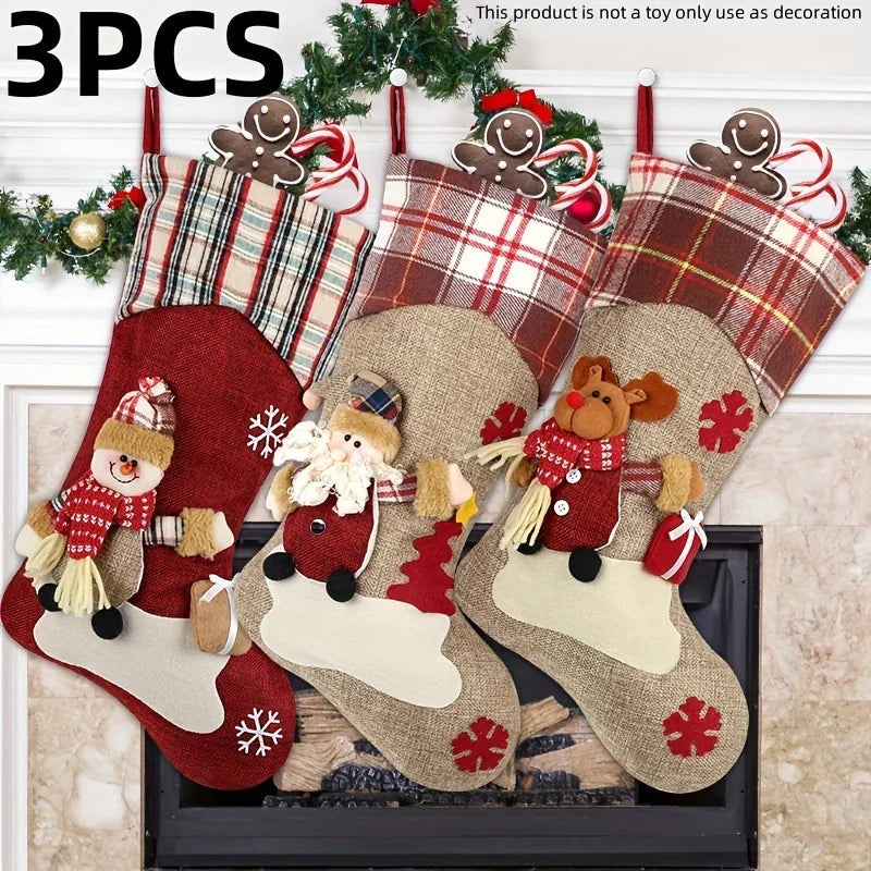 1pc/3pcs Classic Christmas Stocking Set, Polyester Hanging Holiday Decor with Santa, Snowman, Reindeer, Fantasy Themed, No Electricity Required, Festive Home & Party Decorations