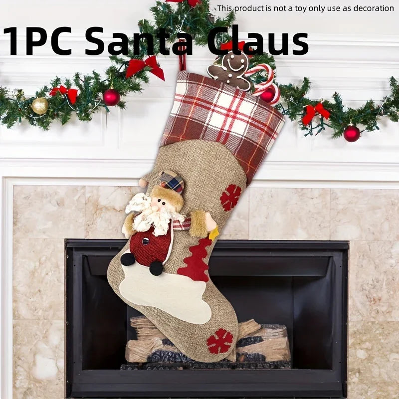 1pc/3pcs Classic Christmas Stocking Set, Polyester Hanging Holiday Decor with Santa, Snowman, Reindeer, Fantasy Themed, No Electricity Required, Festive Home & Party Decorations