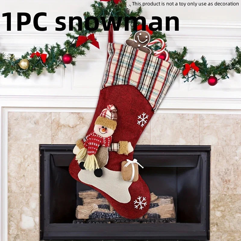1pc/3pcs Classic Christmas Stocking Set, Polyester Hanging Holiday Decor with Santa, Snowman, Reindeer, Fantasy Themed, No Electricity Required, Festive Home & Party Decorations