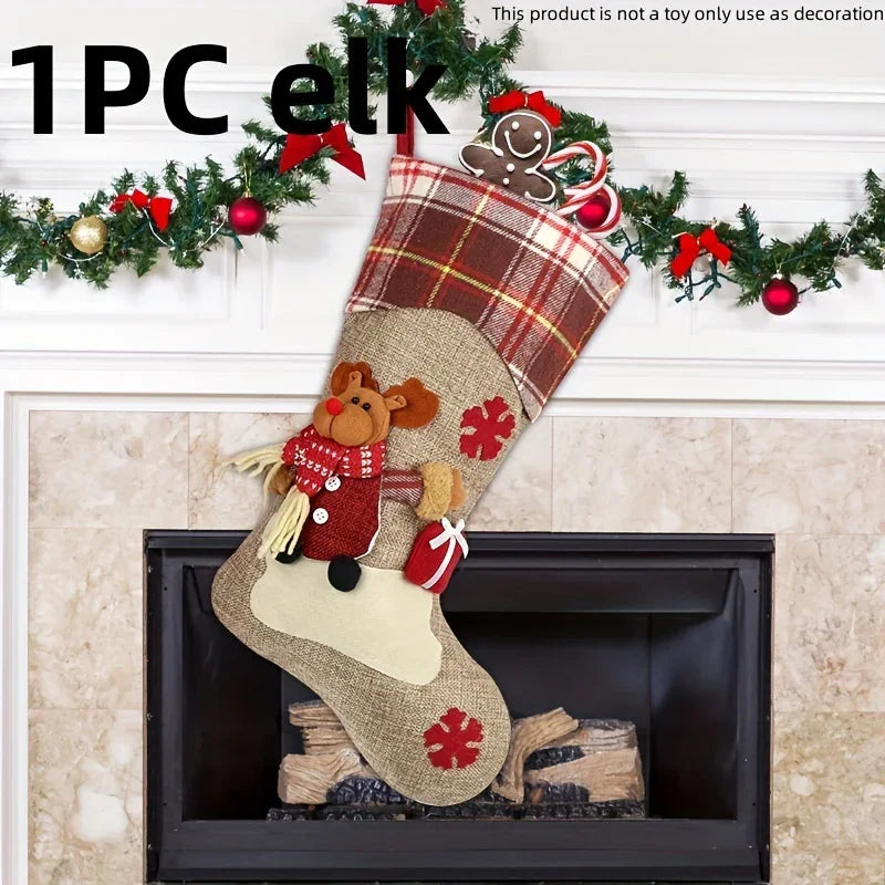 1pc/3pcs Classic Christmas Stocking Set, Polyester Hanging Holiday Decor with Santa, Snowman, Reindeer, Fantasy Themed, No Electricity Required, Festive Home & Party Decorations