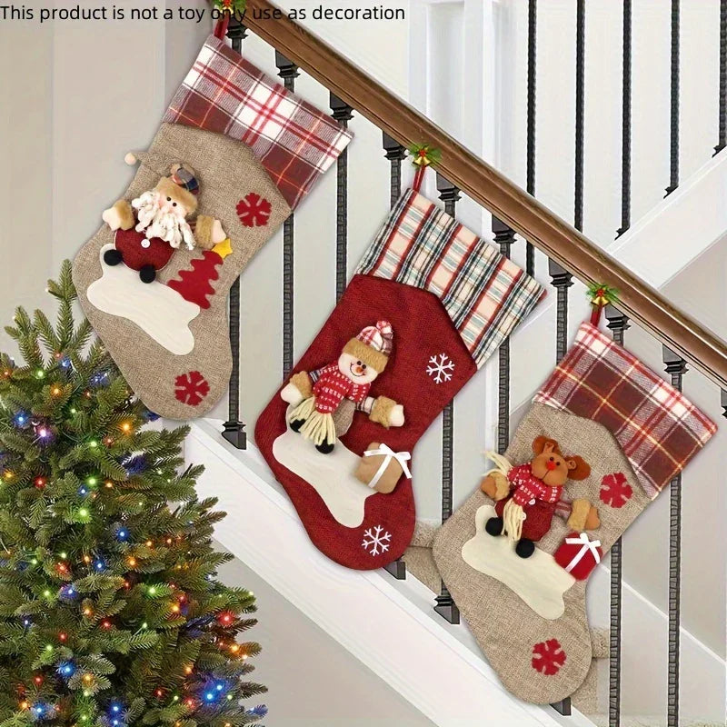 1pc/3pcs Classic Christmas Stocking Set, Polyester Hanging Holiday Decor with Santa, Snowman, Reindeer, Fantasy Themed, No Electricity Required, Festive Home & Party Decorations