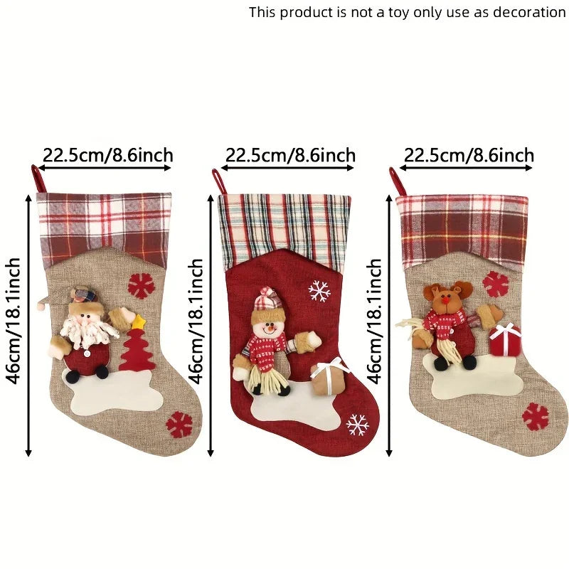 1pc/3pcs Classic Christmas Stocking Set, Polyester Hanging Holiday Decor with Santa, Snowman, Reindeer, Fantasy Themed, No Electricity Required, Festive Home & Party Decorations