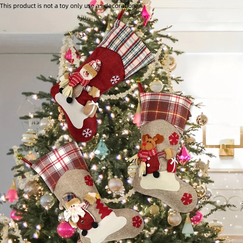 1pc/3pcs Classic Christmas Stocking Set, Polyester Hanging Holiday Decor with Santa, Snowman, Reindeer, Fantasy Themed, No Electricity Required, Festive Home & Party Decorations