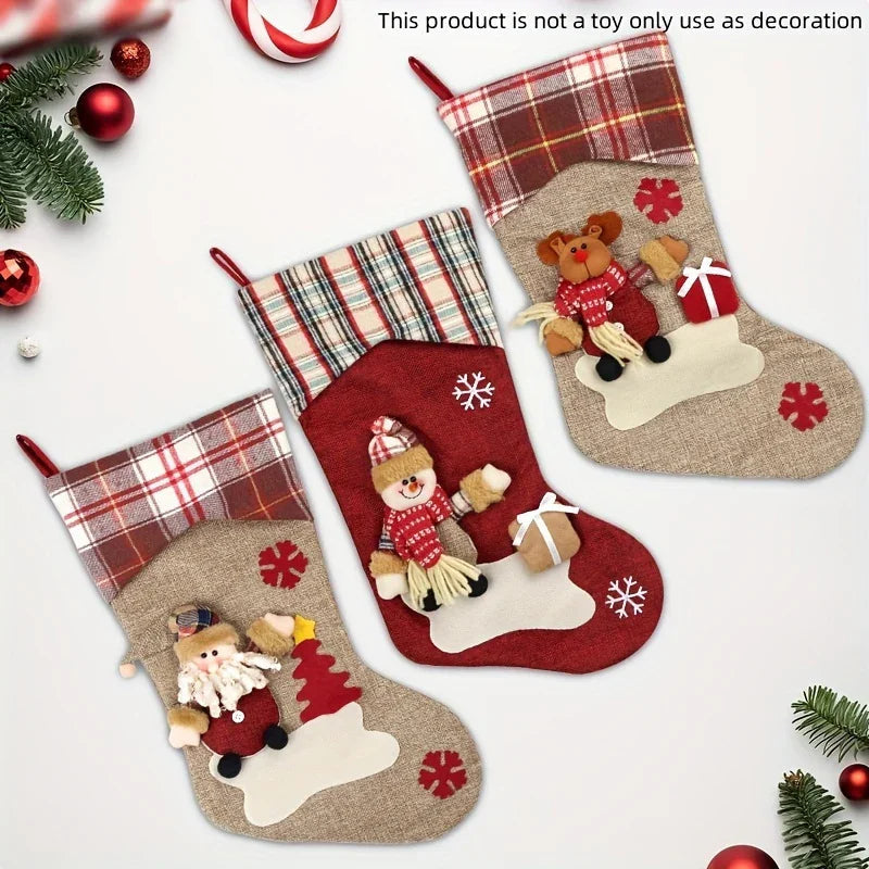 1pc/3pcs Classic Christmas Stocking Set, Polyester Hanging Holiday Decor with Santa, Snowman, Reindeer, Fantasy Themed, No Electricity Required, Festive Home & Party Decorations