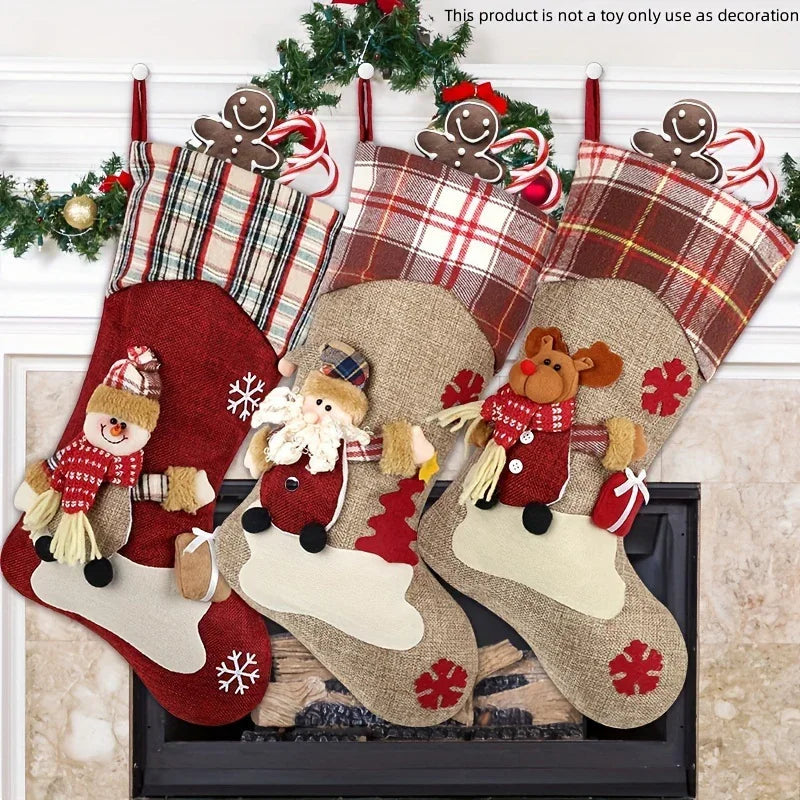 1pc/3pcs Classic Christmas Stocking Set, Polyester Hanging Holiday Decor with Santa, Snowman, Reindeer, Fantasy Themed, No Electricity Required, Festive Home & Party Decorations