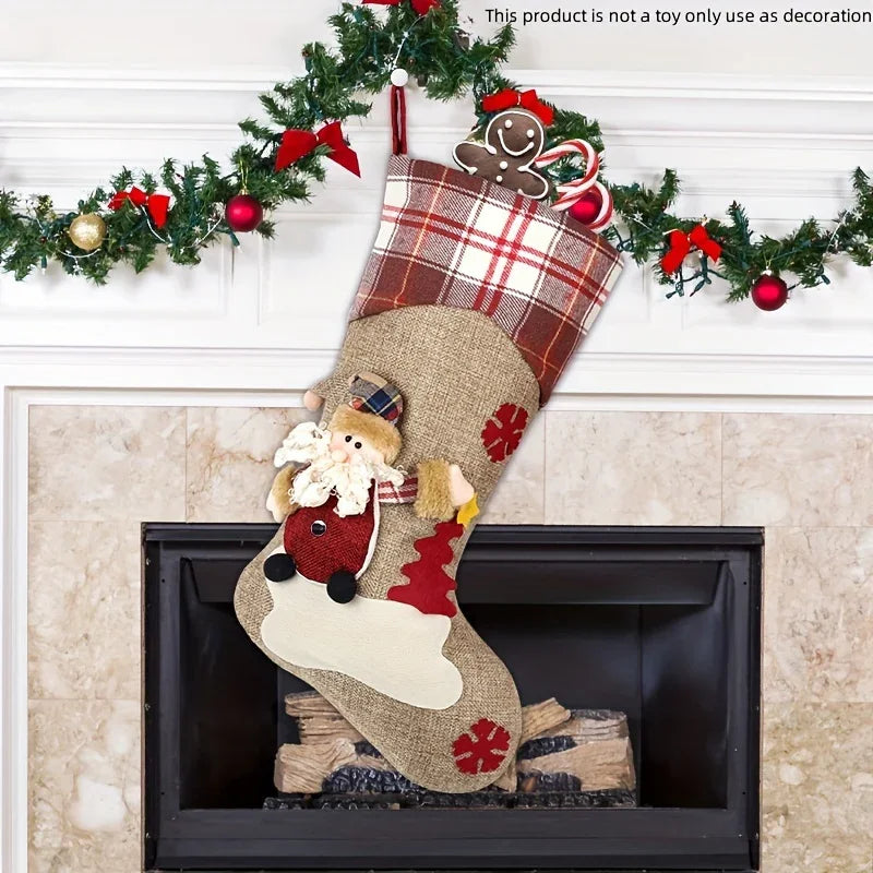 1pc/3pcs Classic Christmas Stocking Set, Polyester Hanging Holiday Decor with Santa, Snowman, Reindeer, Fantasy Themed, No Electricity Required, Festive Home & Party Decorations