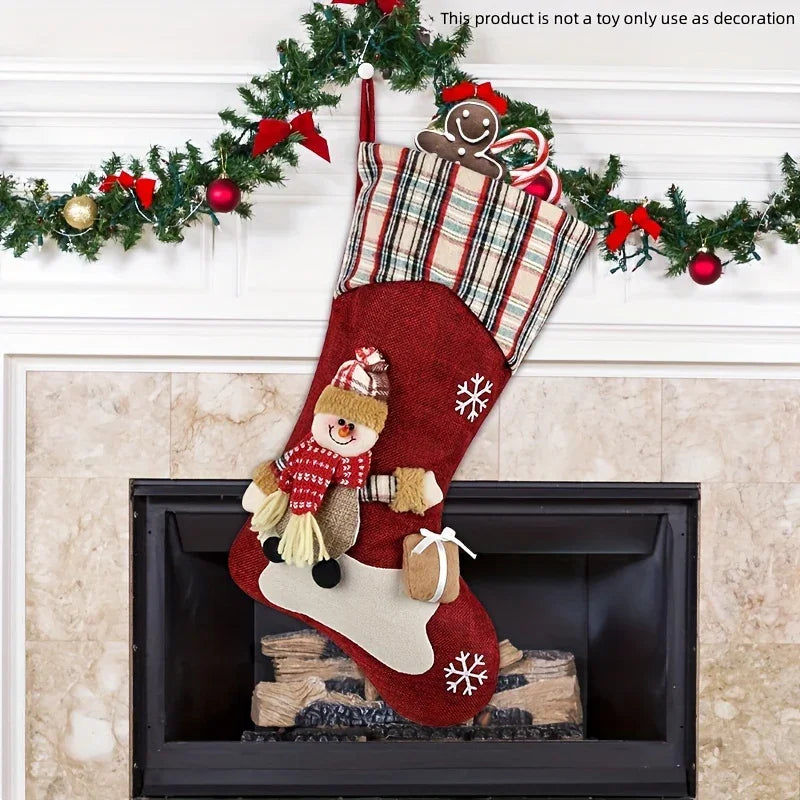 1pc/3pcs Classic Christmas Stocking Set, Polyester Hanging Holiday Decor with Santa, Snowman, Reindeer, Fantasy Themed, No Electricity Required, Festive Home & Party Decorations