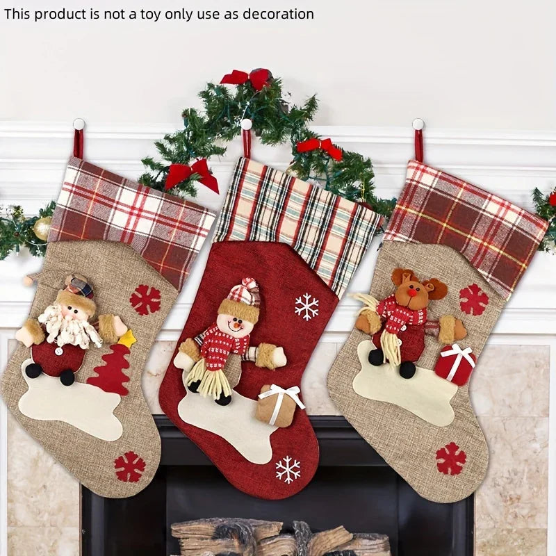 1pc/3pcs Classic Christmas Stocking Set, Polyester Hanging Holiday Decor with Santa, Snowman, Reindeer, Fantasy Themed, No Electricity Required, Festive Home & Party Decorations