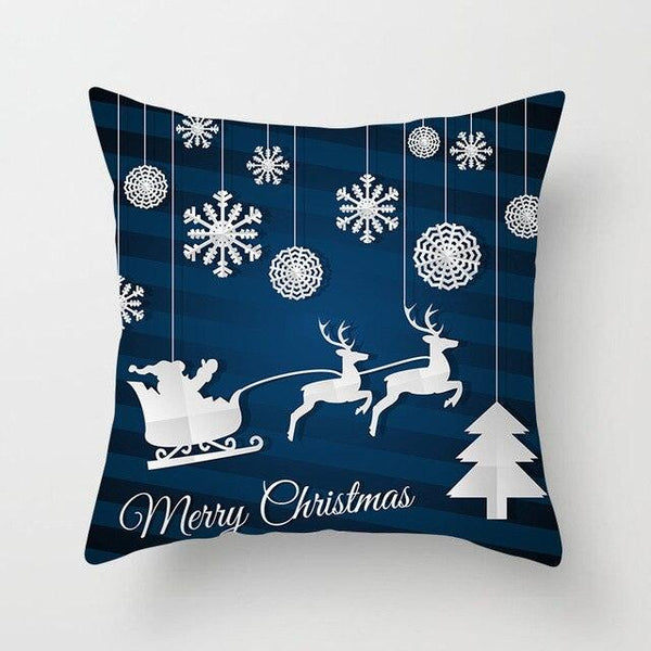 1Pcs Blue Christmas Tree Deer Santa Claus Pattern Polyester Cushion Cover Merry Christmas Throw Cushion Covers Tree Reindeer Star Pillow Case For Party Home Decoration Decorative Sofa Home Decor Pillowcover 45x45cm