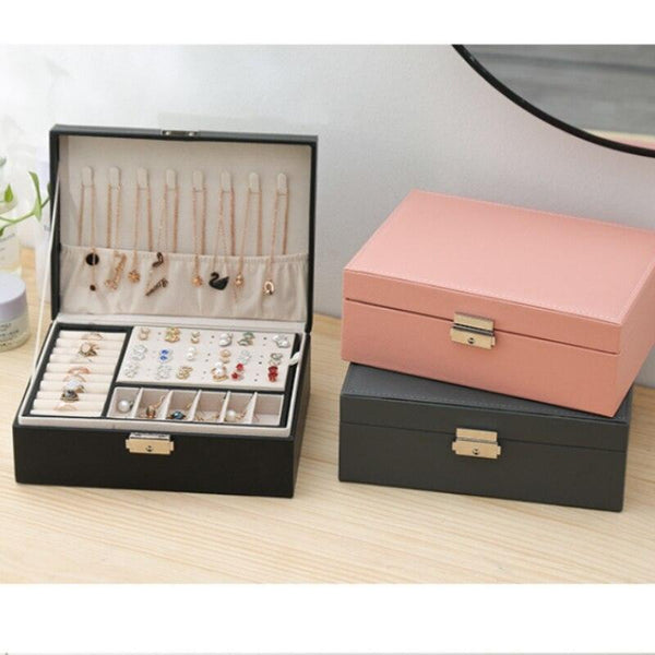 1pcs Double Layer Storage Box For Men And Women Large Capacity Leather Jewelry Box Hardware Latch Travel Portable Flip Lid Palm Jewelry Box Jewelry Box for Women Girls Necklace Ring Storage Organizer 2 Layers Large PU-Leathers Jewelry Case