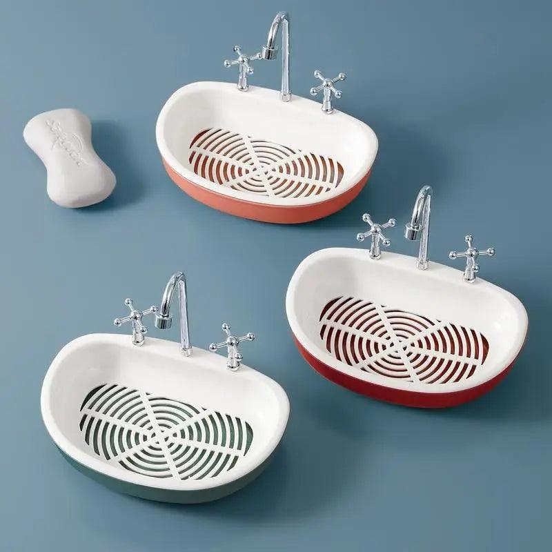 1Pcs Faucet Shape Draining Soap Dish Portable Bathroom Products Double Layer 3Colors Eco-friendly Soap Box Draining Soap Dish Sponge Holder Soap Container with Waterfall Spout for Bathroom Shower Kitchen Sink
