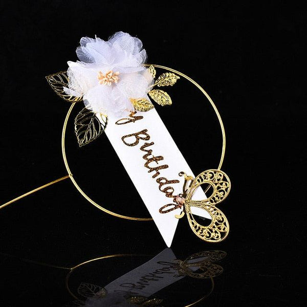 1Pcs Metal Happy Birthday Cake Topper Artificial flowers Cake Toppers Happy Birthday Cake Topper Metal And Acrylic Cake Decoration With Pink Artificial Flower Cluster For DIY Baby Shower Birthday Party Decoration Baking Decor