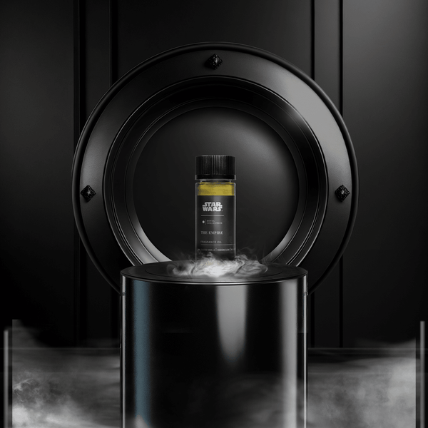 Bottle of Star Wars bath product on a black pedestal with a dark background