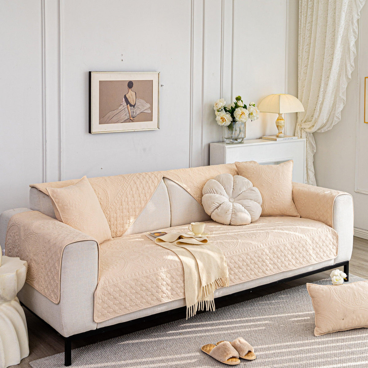 Cotton Quilted Sofa Cover, Non-Slip Couch Protector Fits Backrest, Seat & Armrest