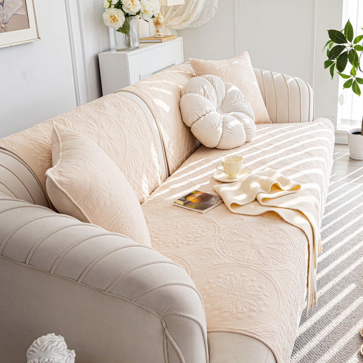 Cotton Quilted Sofa Cover, Non-Slip Couch Protector Fits Backrest, Seat & Armrest