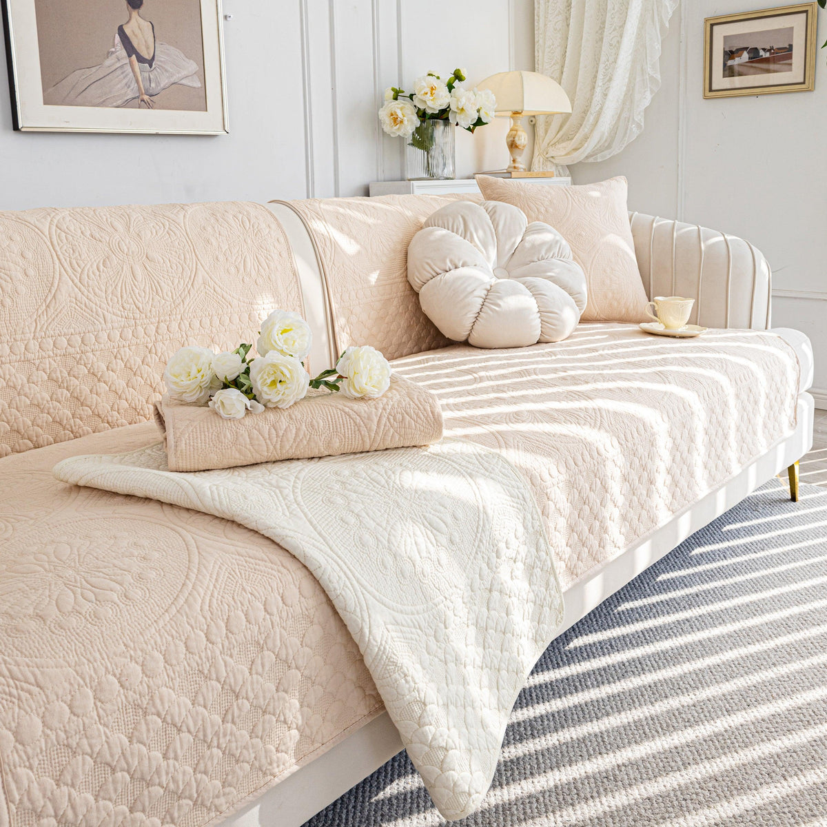 Cotton Quilted Sofa Cover, Non-Slip Couch Protector Fits Backrest, Seat & Armrest