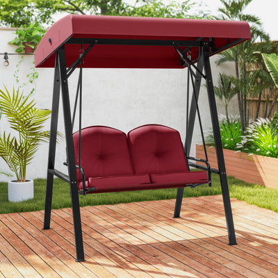 2-Person Outdoor Porch Swing with A-Shaped Metal Stand and Adjustable Canopy-Wine