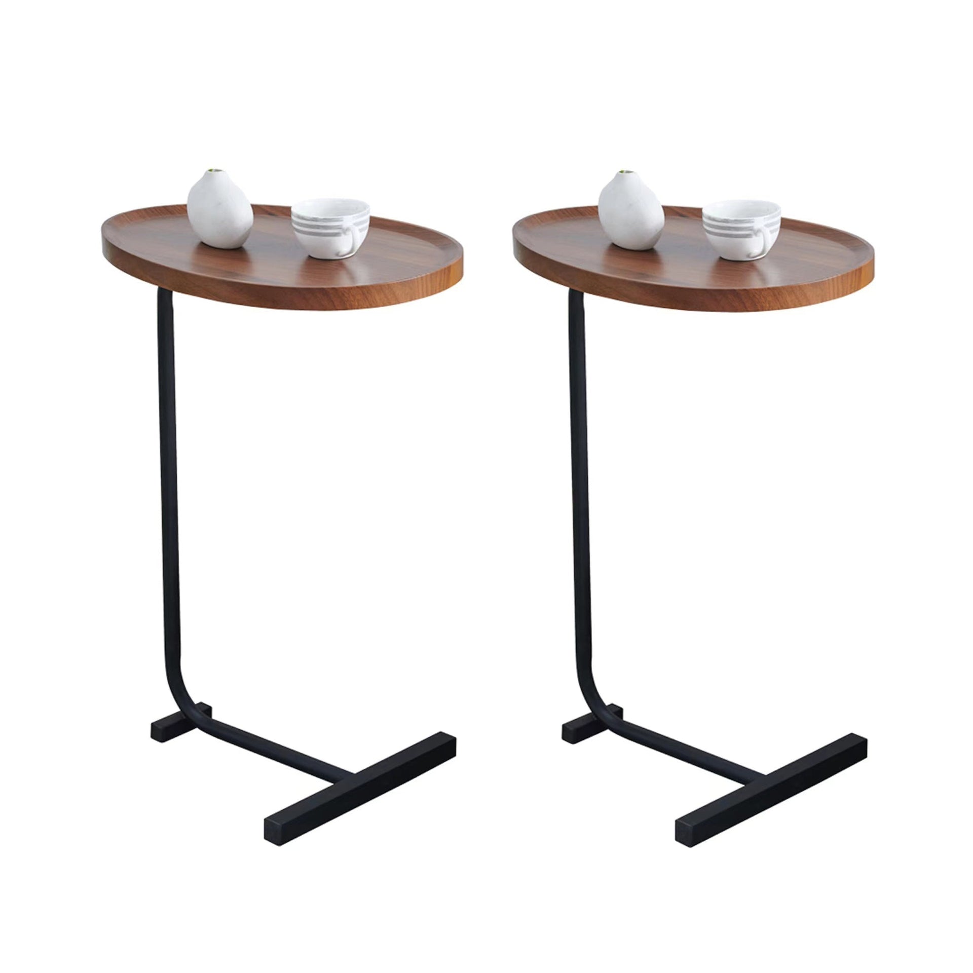 2-Pieces Brown C-shaped Side Table set with oval wood tops and black metal bases, ideal for modern living rooms or small spaces.