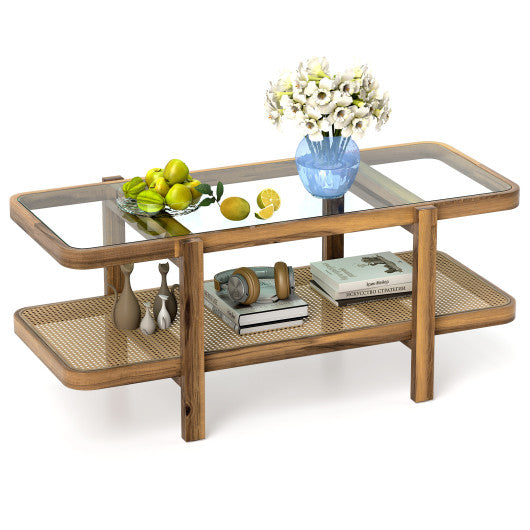 2-Tier Coffee Table with Storage and Tempered Glass Tabletop-Brown