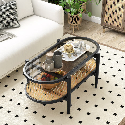 2-Tier Coffee Table with Tempered Glass Tabletop and Acacia Wood Frame-Black