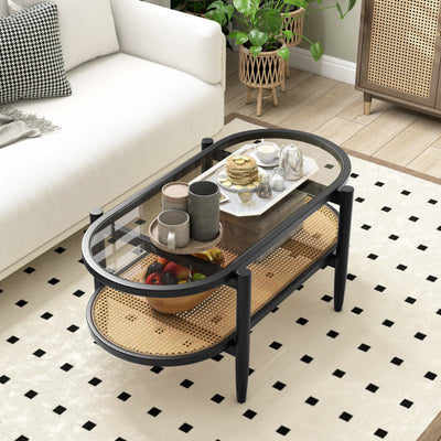 2-Tier Coffee Table with Tempered Glass Tabletop and Acacia Wood Frame-Black