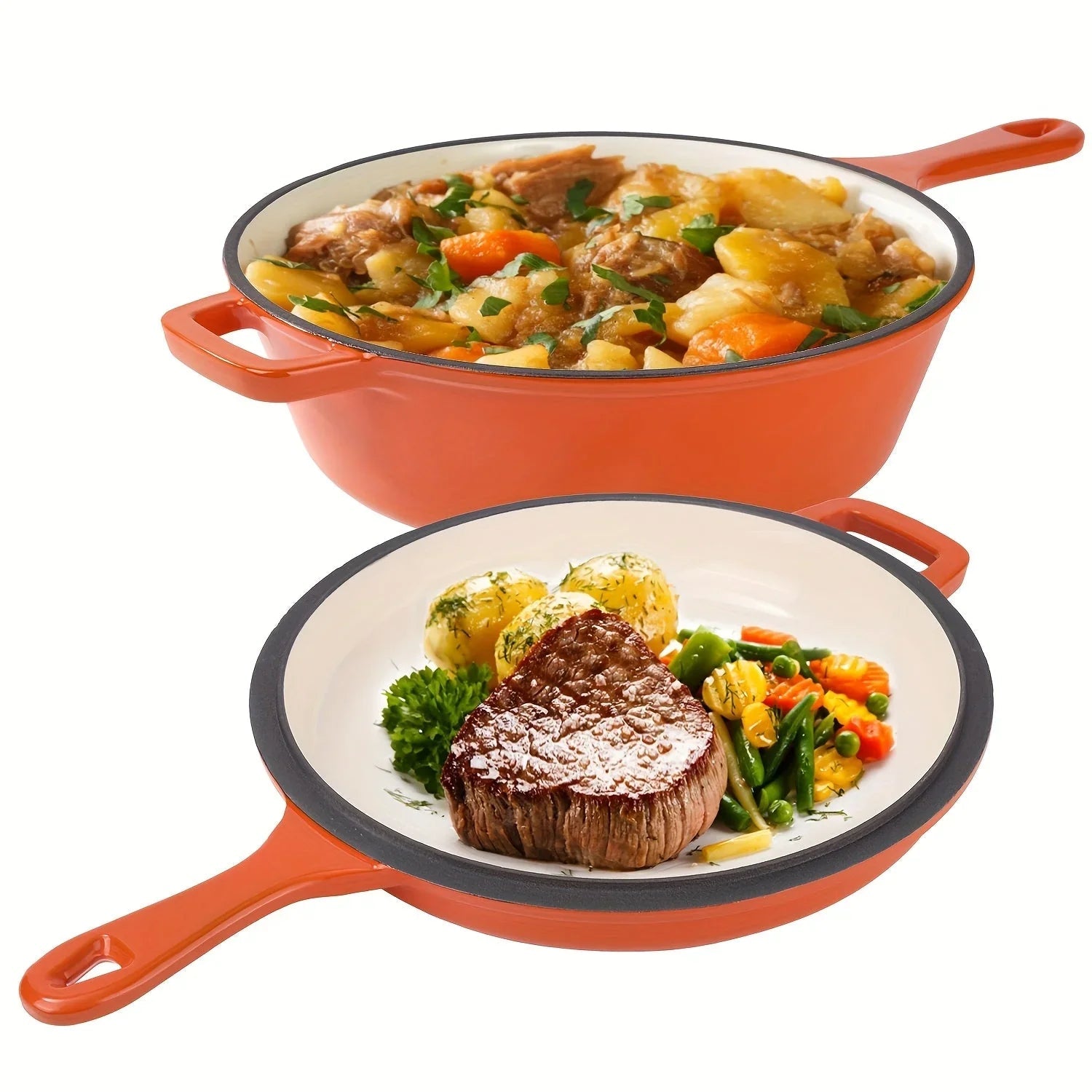 [2-in-1 Cast Iron Skillets] 2-in-1 Enameled Cast Iron Skillets Set | 3QT Dutch Oven + 1.5QT Skillet With Lid For Frying, Baking, Stewing, Grilling, Indoor And Outdoor