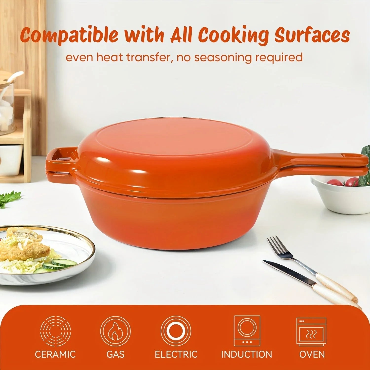 [2-in-1 Cast Iron Skillets] 2-in-1 Enameled Cast Iron Skillets Set | 3QT Dutch Oven + 1.5QT Skillet With Lid For Frying, Baking, Stewing, Grilling, Indoor And Outdoor