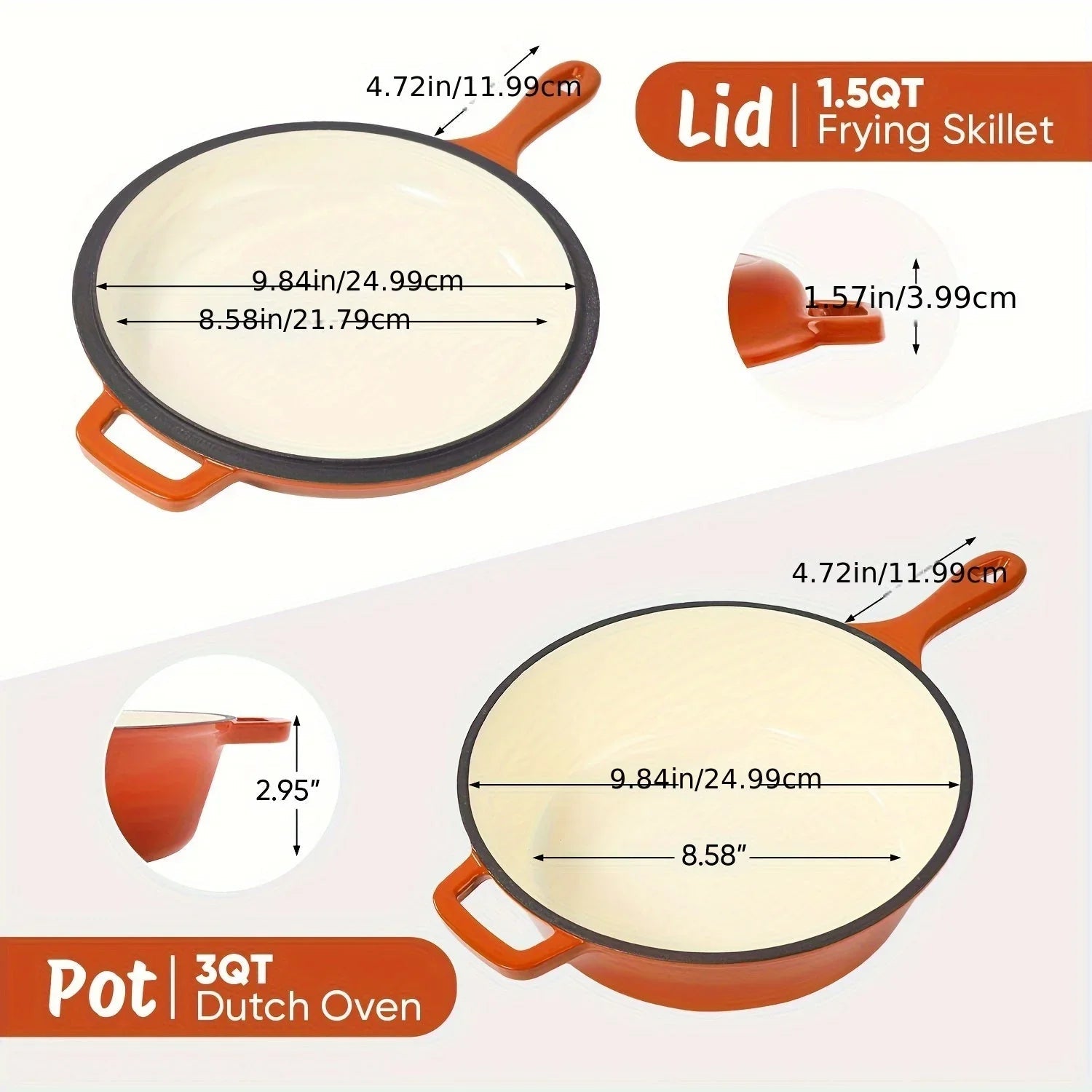 [2-in-1 Cast Iron Skillets] 2-in-1 Enameled Cast Iron Skillets Set | 3QT Dutch Oven + 1.5QT Skillet With Lid For Frying, Baking, Stewing, Grilling, Indoor And Outdoor