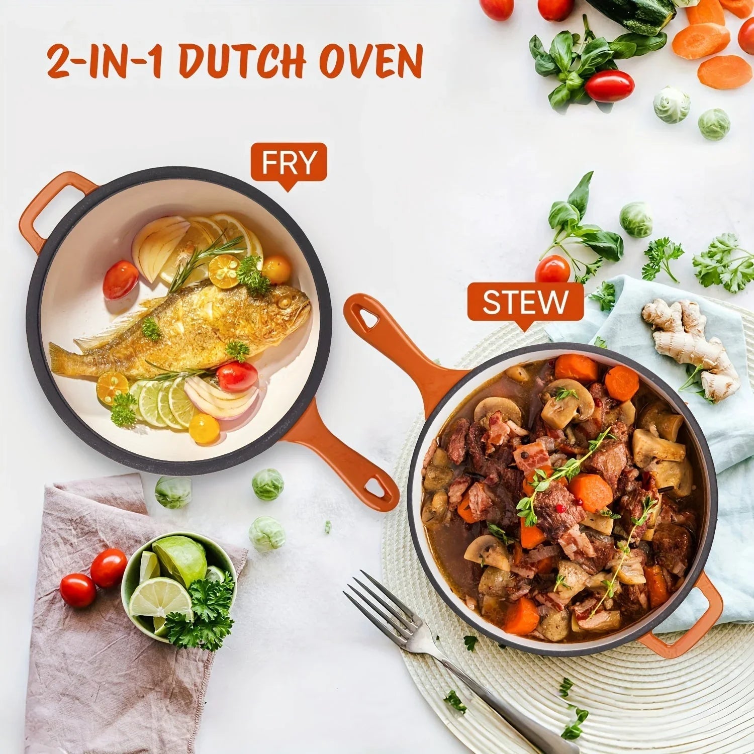 [2-in-1 Cast Iron Skillets] 2-in-1 Enameled Cast Iron Skillets Set | 3QT Dutch Oven + 1.5QT Skillet With Lid For Frying, Baking, Stewing, Grilling, Indoor And Outdoor