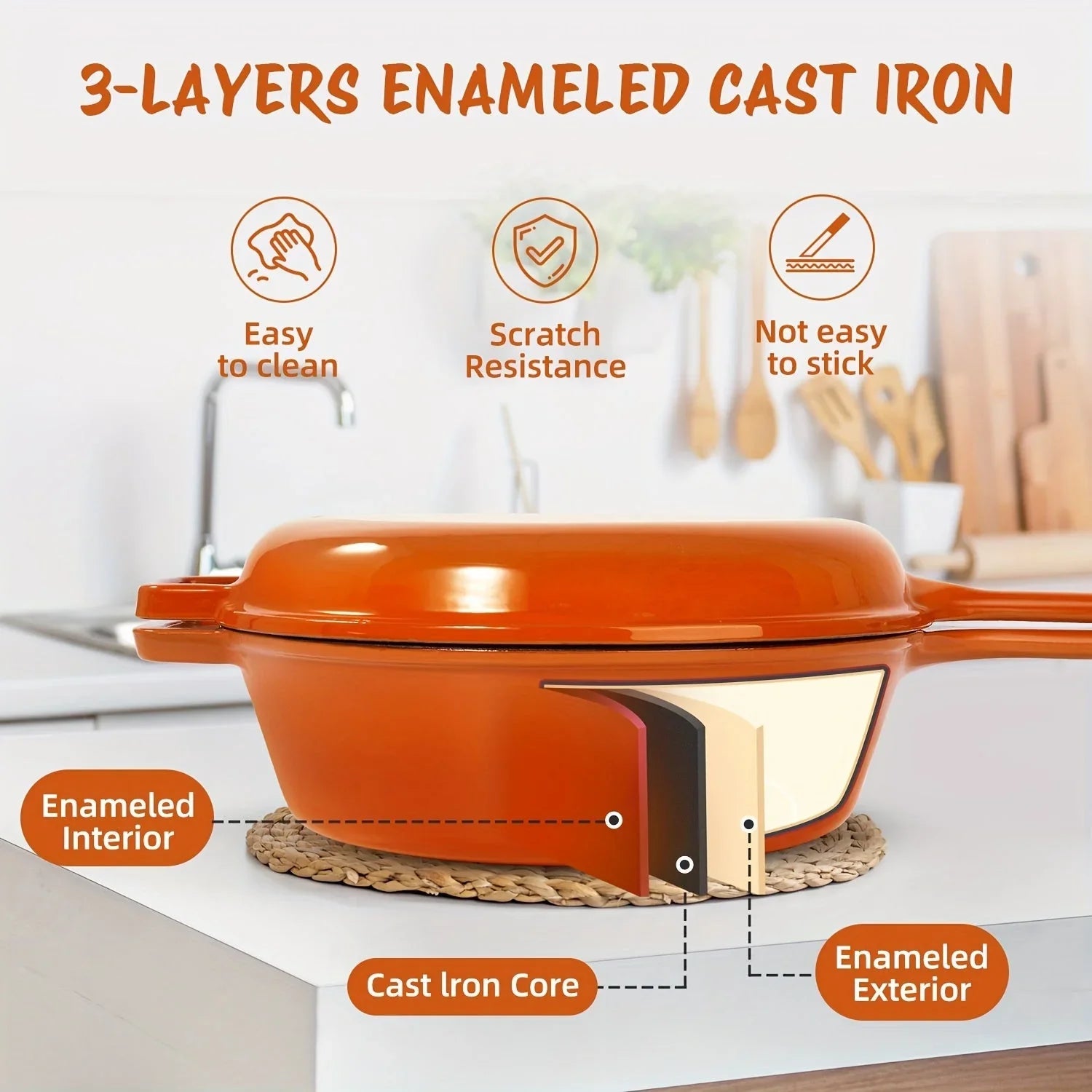 [2-in-1 Cast Iron Skillets] 2-in-1 Enameled Cast Iron Skillets Set | 3QT Dutch Oven + 1.5QT Skillet With Lid For Frying, Baking, Stewing, Grilling, Indoor And Outdoor