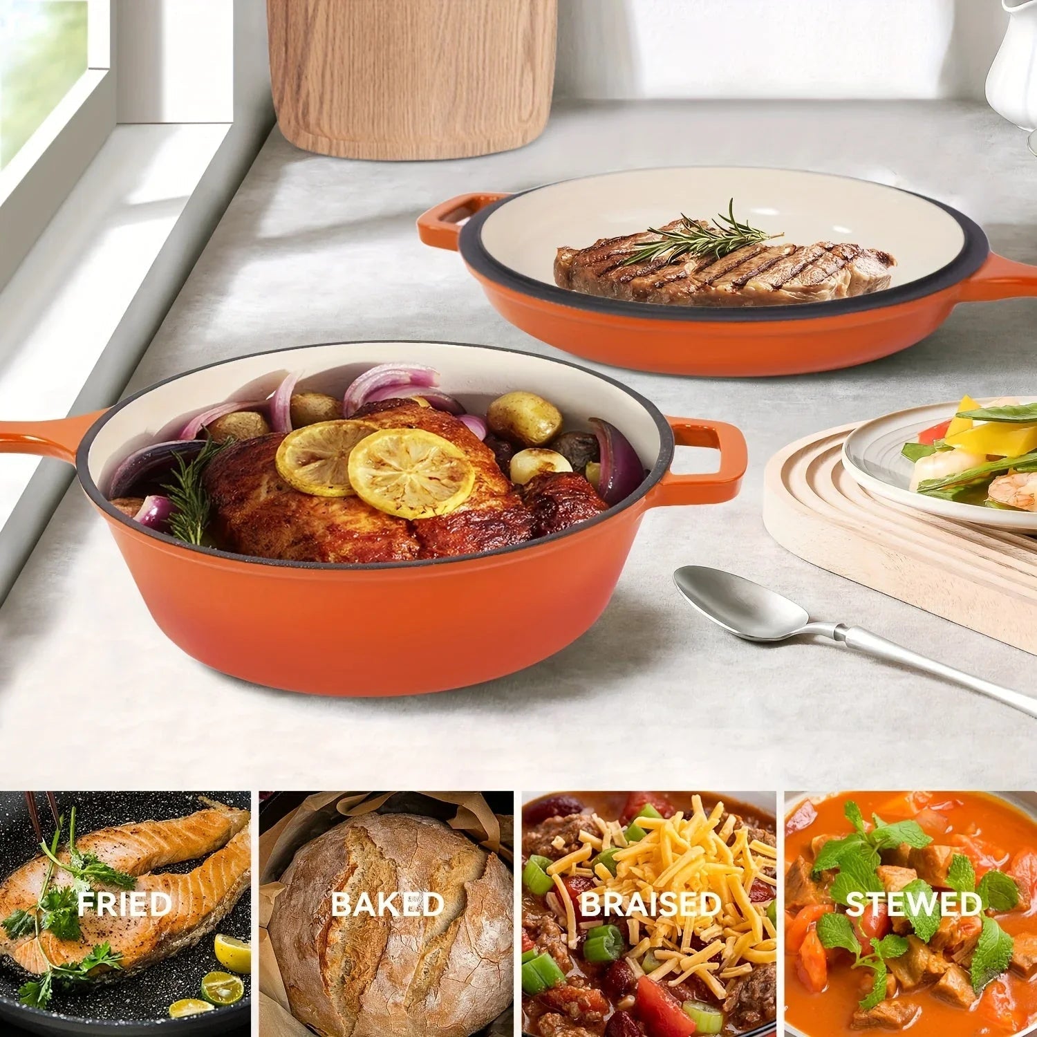 [2-in-1 Cast Iron Skillets] 2-in-1 Enameled Cast Iron Skillets Set | 3QT Dutch Oven + 1.5QT Skillet With Lid For Frying, Baking, Stewing, Grilling, Indoor And Outdoor