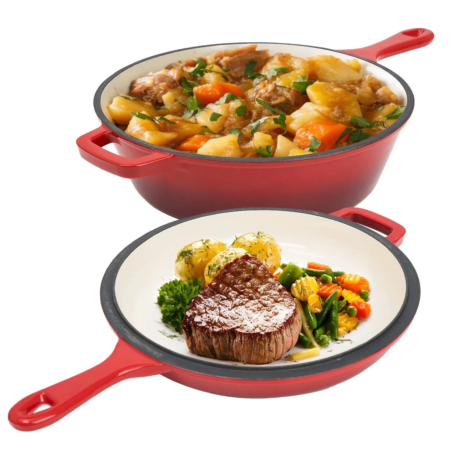 [2-in-1 Cast Iron Skillets] 2-in-1 Enameled Cast Iron Skillets Set | 3QT Dutch Oven + 1.5QT Skillet With Lid For Frying, Baking, Stewing, Grilling, Indoor And Outdoor