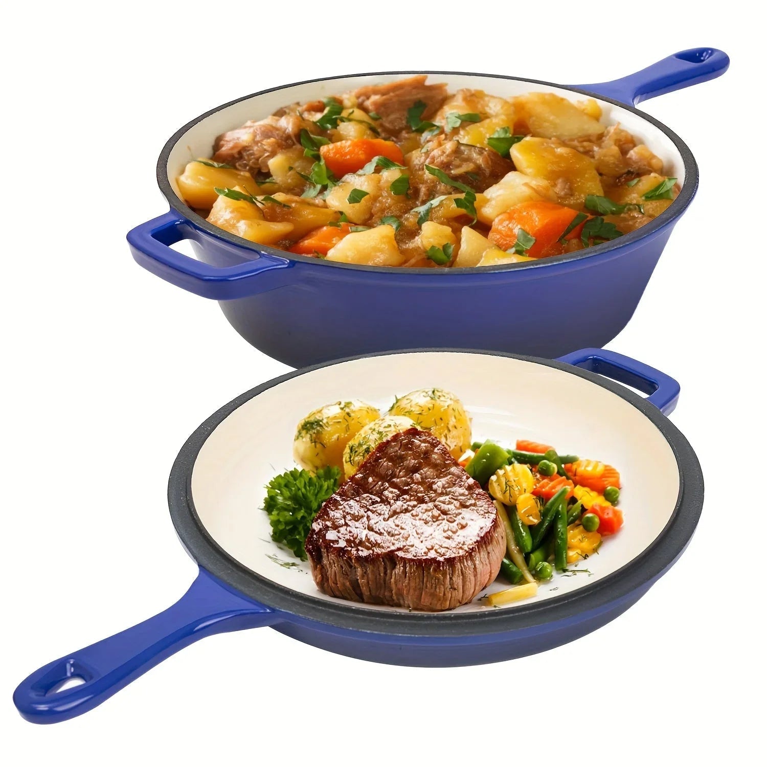 [2-in-1 Cast Iron Skillets] 2-in-1 Enameled Cast Iron Skillets Set | 3QT Dutch Oven + 1.5QT Skillet With Lid For Frying, Baking, Stewing, Grilling, Indoor And Outdoor