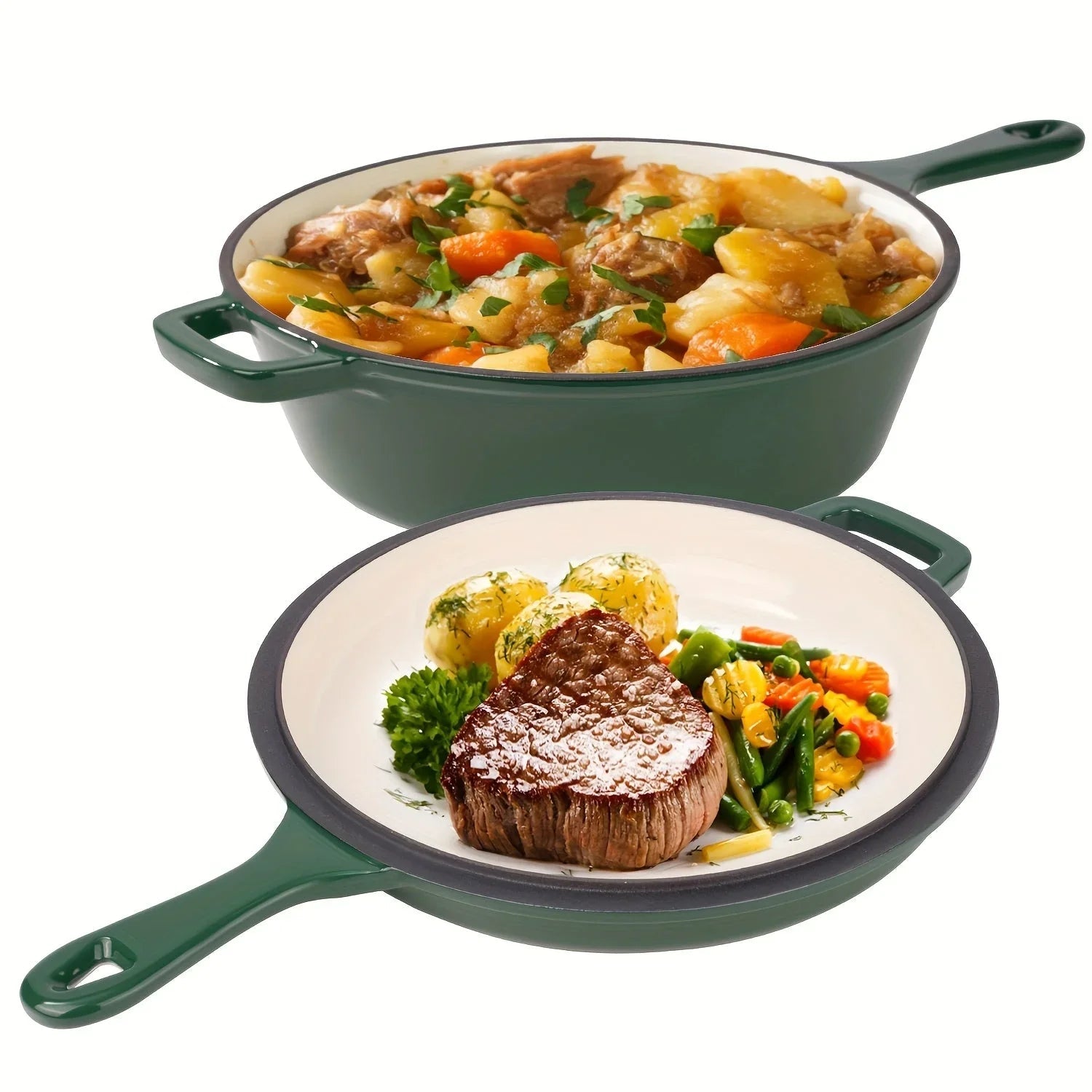 [2-in-1 Cast Iron Skillets] 2-in-1 Enameled Cast Iron Skillets Set | 3QT Dutch Oven + 1.5QT Skillet With Lid For Frying, Baking, Stewing, Grilling, Indoor And Outdoor