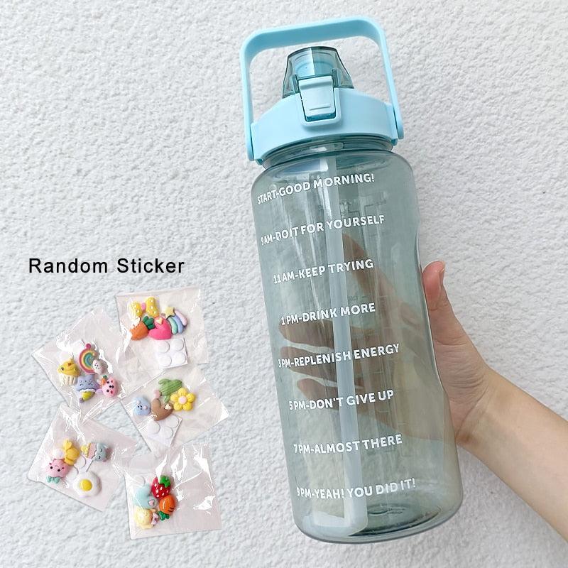 2 Liters Water Bottle Motivational Drinking Bottle Sports Water Bottle With Time Marker Stickers Portable Reusable Plastic Cups Motivational Sports Water Bottle With Time Capacity Marker BPA Free Big Large Gym Cycling Water Bottle Cup Jug For Kids School