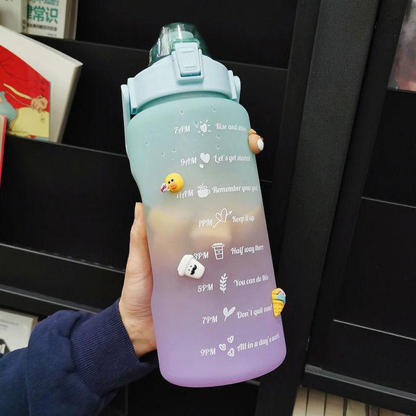 2 Liters Water Bottle Motivational Drinking Bottle Sports Water Bottle With Time Marker Stickers Portable Reusable Plastic Cups Motivational Sports Water Bottle With Time Capacity Marker BPA Free Big Large Gym Cycling Water Bottle Cup Jug For Kids School