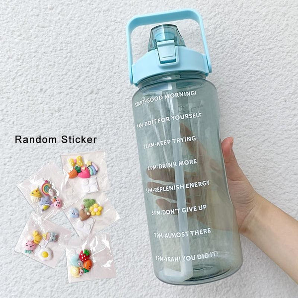 2 Liters Water Bottle Motivational Drinking Bottle Sports Water Bottle With Time Marker Stickers Portable Reusable Plastic Cups Motivational Sports Water Bottle With Time Capacity Marker BPA Free Big Large Gym Cycling Water Bottle Cup Jug For Kids School