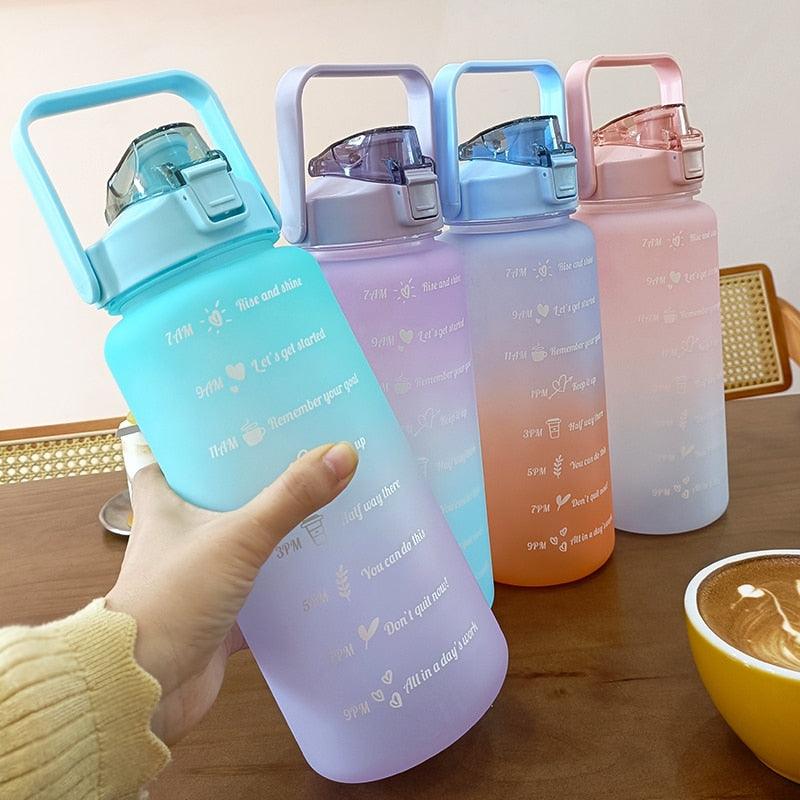 2 Liters Water Bottle Motivational Drinking Bottle Sports Water Bottle With Time Marker Stickers Portable Reusable Plastic Cups Motivational Sports Water Bottle With Time Capacity Marker BPA Free Big Large Gym Cycling Water Bottle Cup Jug For Kids School