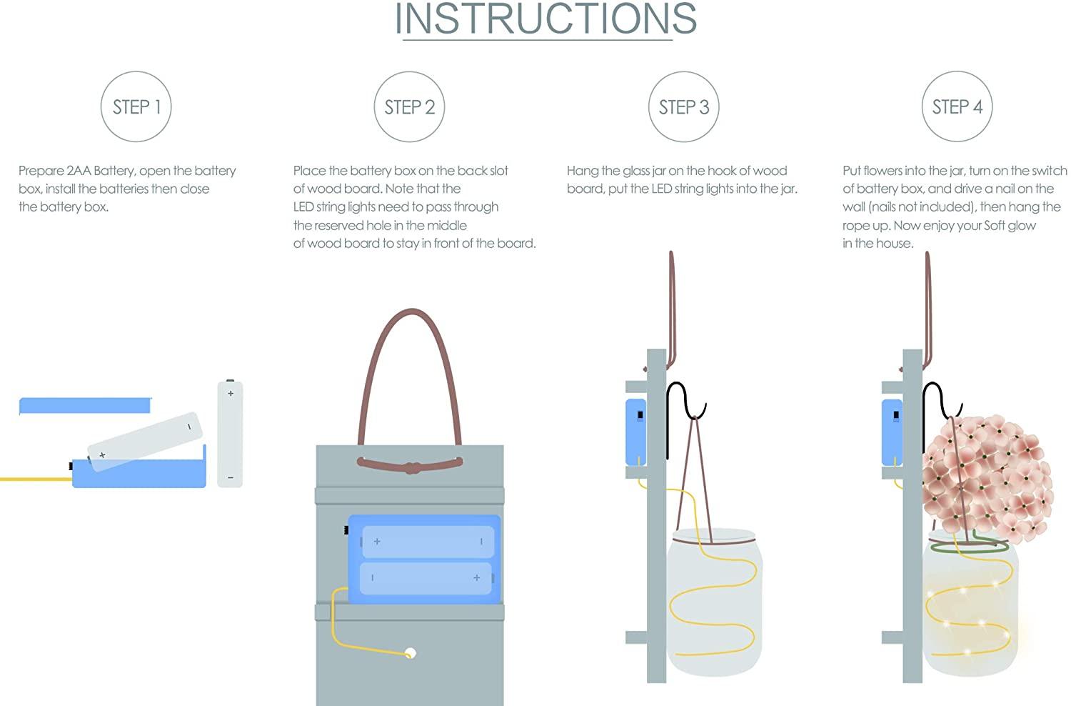 2 Pack Rustic  Jar Fairy Strip Lights Wall Decor Hydrangea Sconces Decorative Home Chic Hanging LED FlowersHanging Design with Remote Control LED Fairy Lights and White Peony, Farmhouse Kitchen Decorations Wall Home Decor Living Room Lights Set of Two