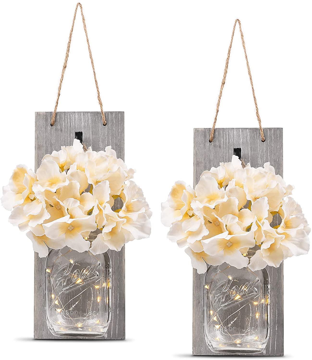 2 Pack Rustic  Jar Fairy Strip Lights Wall Decor Hydrangea Sconces Decorative Home Chic Hanging LED FlowersHanging Design with Remote Control LED Fairy Lights and White Peony, Farmhouse Kitchen Decorations Wall Home Decor Living Room Lights Set of Two