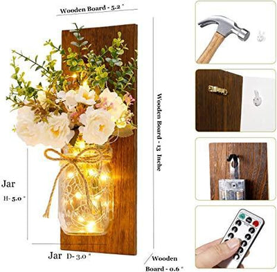 2 Pack Rustic  Jar Fairy Strip Lights Wall Decor Hydrangea Sconces Decorative Home Chic Hanging LED FlowersHanging Design with Remote Control LED Fairy Lights and White Peony, Farmhouse Kitchen Decorations Wall Home Decor Living Room Lights Set of Two