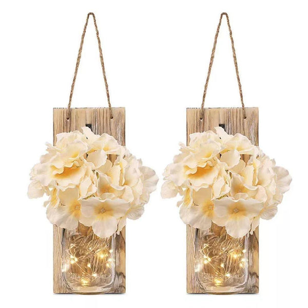 2 Pack Rustic  Jar Fairy Strip Lights Wall Decor Hydrangea Sconces Decorative Home Chic Hanging LED FlowersHanging Design with Remote Control LED Fairy Lights and White Peony, Farmhouse Kitchen Decorations Wall Home Decor Living Room Lights Set of Two