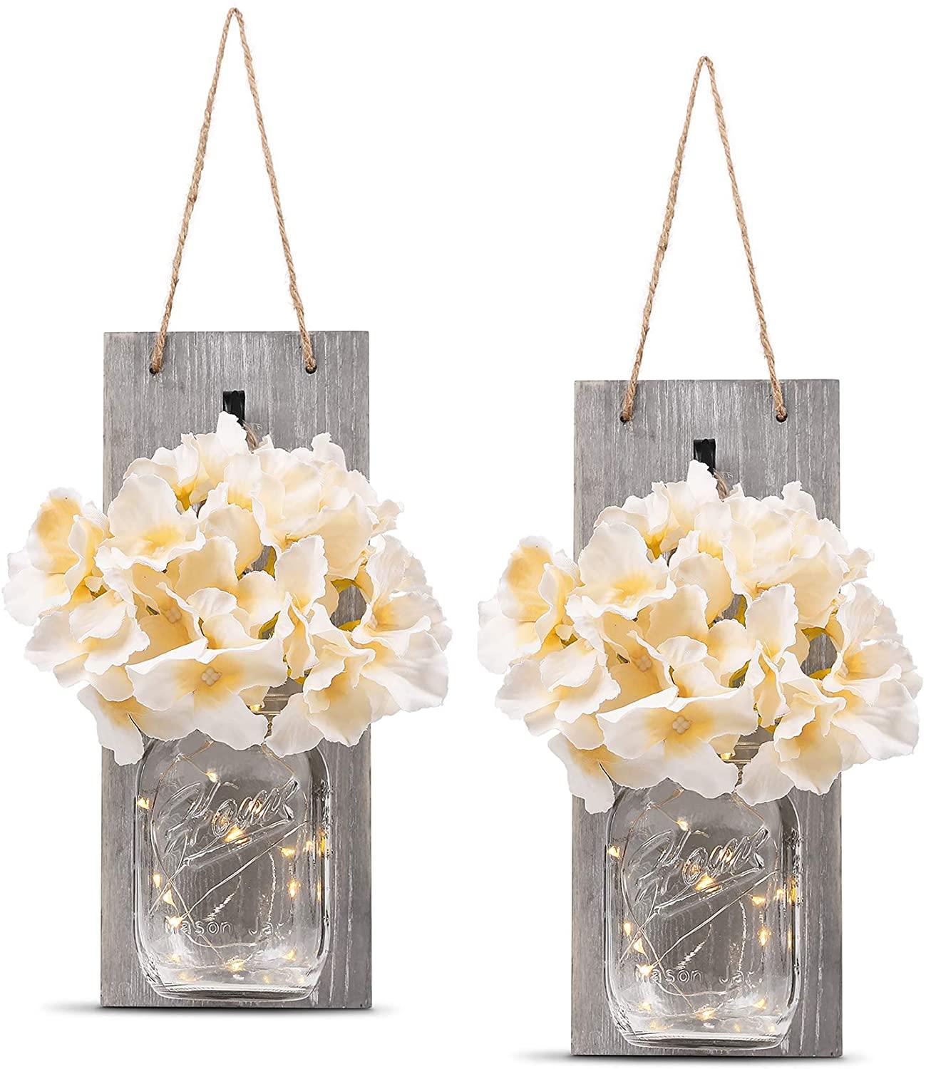 2 Pack Rustic  Jar Fairy Strip Lights Wall Decor Hydrangea Sconces Decorative Home Chic Hanging LED FlowersHanging Design with Remote Control LED Fairy Lights and White Peony, Farmhouse Kitchen Decorations Wall Home Decor Living Room Lights Set of Two